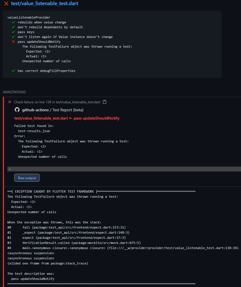 GitHub Actions annotation showing details of a failed unit test with a detailed error message, stack trace, and code annotation.